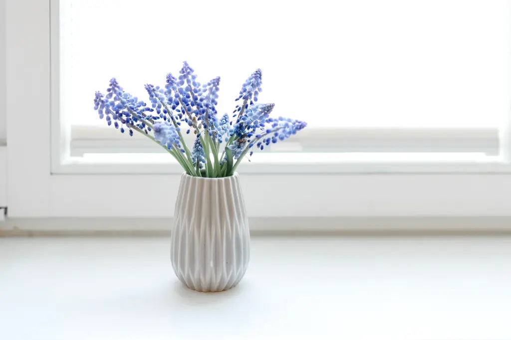 Vase mit violetten Blüten auf einer weißen Fensterbank im Praxisraum